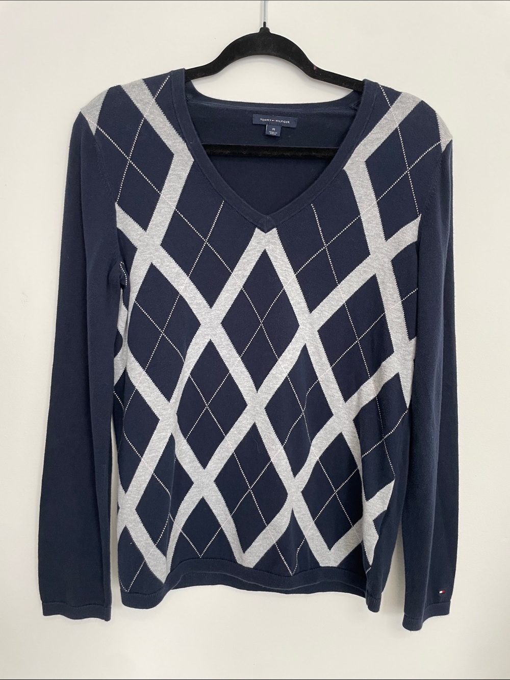 Tommy Hilfiger Navy V-Neck Argyle Knit Sweater with Silver Pattern